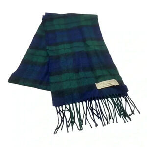 Lochcarron of Scotland green blue tartan plaid lambswool scarf fringe